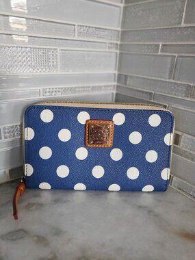 Dooney and Bourke Blue & White Polka Dot Zip Around Wallet Wristlet